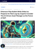 Ethereum Flips Bullish While Shiba Inu Prepares for Next Leg Up; Experts Consider This AI-Driven Asset Manager as the Future of DeFi