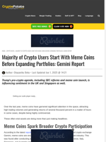 Majority of Crypto Users Start With Meme Coins Before Expanding Portfolios: Gemini Report