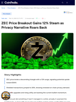 ZEC Price Breakout Gains 12% Steam as Privacy Narrative Roars Back