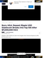 Burn, Mint, Repeat: Ripple USD Stablecoin Breaks into Top 100 After $11,000,000 Mint - U.Today