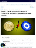 Ripple’s Circle Acquisition Would Be ‘Disastrous’ for Crypto, Warns MetaLeX’s Shapiro