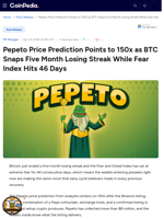 Pepeto Price Prediction Points to 150x as BTC Snaps Five Month Losing Streak While Fear Index Hits 46 Days