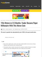 110x Return in 3.5 Months: Trader Became Paper Millionaire With This Meme Coin