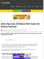Arthur Hayes Sees $1M Bitcoin With Trump’s Fed Nominee Confirmed