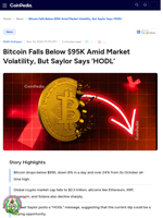 Bitcoin Falls Below $95K Amid Market Volatility, But Saylor Says ‘HODL’