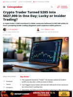 Crypto Trader Turned $285 Into $627,000 in One Day; Lucky or Insider Trading? - Coinspeaker