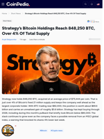Strategy’s Bitcoin Holdings Reach 848,250 BTC, Over 4% Of Total Supply