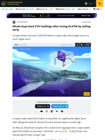 Whale buys back ETH holdings after missing $2.6M gain