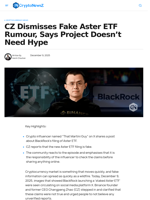 CZ Dismiss Fake Aster ETF Rumour, Project Doesn't Need Hype