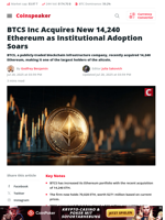 BTCS Buys 14,240 ETH as Institutional Adoption Rises