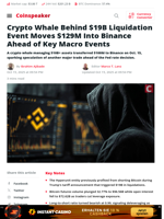 Crypto Whale Behind $19B Liquidation Event Moves $129M Into Binance Ahead of Key Macro Events - Coinspeaker