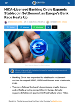 MiCA-Licensed Banking Circle Expands Stablecoin Settlement as Europe’s Bank Race Heats Up