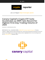 Canary Capital’s Crypto ETF Suite Accelerates as XRPC Sets Record for Highest First-Day Trading Volume of 2025