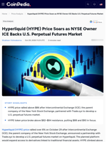 Hyperliquid (HYPE) Price Soars as NYSE Owner ICE Backs U.S. Perpetual Futures Market