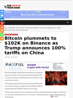 Bitcoin plummets to $102K on Binance as Trump announces 100% tariffs on China - The Crypto News Wire