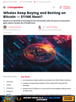 Whales Keep Buying and Betting on Bitcoin — $116K Next? - Coinspeaker
