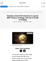 Nasdaq-Listed CEA Industries to Launch BNB Treasury Strategy with Up to $1.25B in Funding