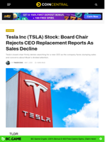 Tesla Inc (TSLA) Stock: Board Chair Rejects CEO Replacement Reports As Sales Decline - CoinCentral