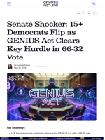 Senate Shocker: 15+ Democrats Flip as GENIUS Act Clears Key Hurdle in 66-32 Vote