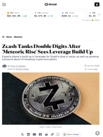 Zcash Tanks Double Digits After 'Meteoric Rise' Sees Leverage Build Up - Decrypt