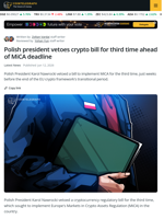 Polish President Vetoes Crypto Bill for Third Time ahead of MiCA Deadline