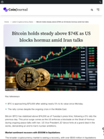 Bitcoin holds steady above $74K as US blocks hormuz amid Iran talks