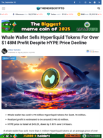 Whale Wallet Sells Hyperliquid Tokens For Over $148M Profit Despite HYPE Price Decline - TheNewsCrypto