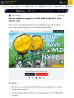 Bitcoin holds key support as HYPE, XMR, AAVE, WLD lead altcoin rally
