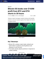 Bitcoin OG books over $160M profit from BTC and ETH shorts in 30 hours