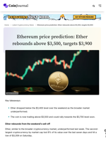 Ethereum price prediction: Ether rebounds above $3,500, targets $3,900