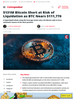 $131M Bitcoin Short at Risk of Liquidation as BTC Nears $111,770 - Coinspeaker