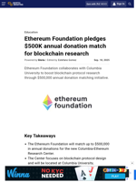 Ethereum Foundation pledges $500K annual donation match for blockchain research