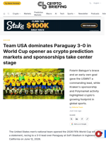 Team USA dominates Paraguay 3-0 in World Cup opener as crypto prediction markets and sponsorships take center stage