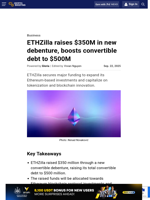 ETHZilla raises $350M in new debenture, boosts convertible debt to $500M