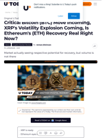 Critical Bitcoin (BTC) Move Incoming, XRP's Volatility Explosion Coming, Is Ethereum's (ETH) Recovery Real Right Now?