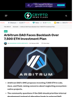 Arbitrum DAO Faces Backlash Over 7,500 ETH Investment Plan - Crypto News Flash