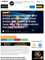 Solana Community Remains Bullish Amid Sideways Price Action, BNB Trades In Green Zone, Why This Hidden Altcoin Will Rally 110,000% | Live Bitcoin News