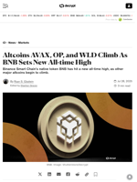 Altcoins AVAX, OP, and WLD Climb As BNB Sets New All-time High - Decrypt