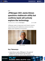 JPMorgan CEO Jamie Dimon questions stablecoin utility but confirms bank will actively explore the technology
