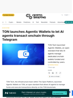 TON launches Agentic Wallets to let AI agents transact onchain through Telegram