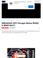 BREAKING: BTC Plunges Below $100K. Is $90K Next? - U.Today