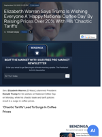 Elizabeth Warren Says Trump Is Wishing Everyone A 'Happy National Coffee Day' By Raising Prices Over 20% With His 'Chaotic Tariffs'  - Benzinga