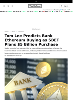 Tom Lee Predicts Bank Ethereum Buying as SBET Plans $5 Billion Purchase - 