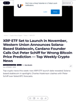 XRP ETF Set to Launch in November, Western Union Announces Solana-Based Stablecoin, Cardano Founder Calls Out Peter Schiff for Wrong Bitcoin Price Prediction — Top Weekly Crypto News - U.Today
