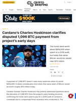 Cardano's Charles Hoskinson clarifies disputed 1,096 BTC payment from project's early days