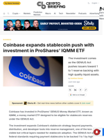 Coinbase expands stablecoin push with investment in ProShares’ IQMM ETF