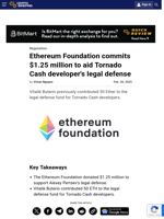 Ethereum Foundation commits $1.25 million to aid Tornado Cash developer's legal defense