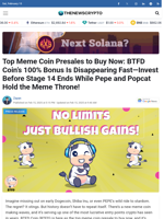 Top Meme Coin Presales to Buy Now: BTFD Coin’s 100% Bonus Is Disappearing Fast—Invest Before Stage 14 Ends While Pepe and Popcat Hold the Meme Throne!