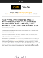 Two Prime Announces Q3 2025 as Record Quarter for Total Committed Loan Volume at $827 Million; $2.55 Billion in Total Loans Since March 2024