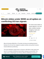 Bitcoin slides under $69K as oil spikes on conflicting US Iran signals